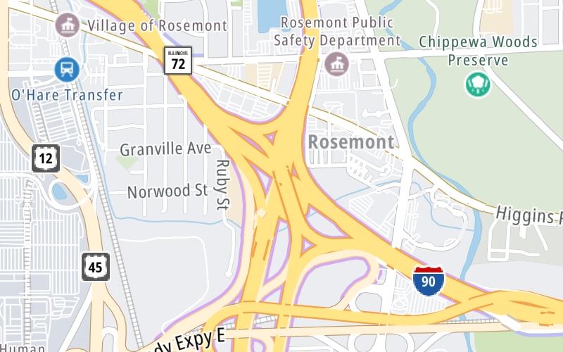 Static map of Jane Addams Memorial Tollway at I–294 NB (Tri-State NB)