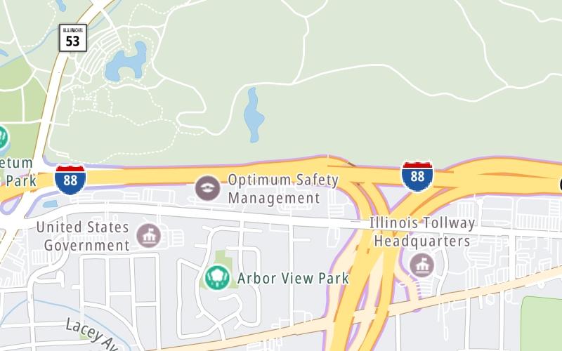 Static map of Ronald Reagan Memorial Tollway at I–88 EB to I–355 SB / I–355 NB to I–88 W