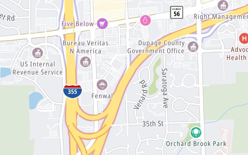 Static map of Ronald Reagan Memorial Tollway at Downers Drive / Highland Ave