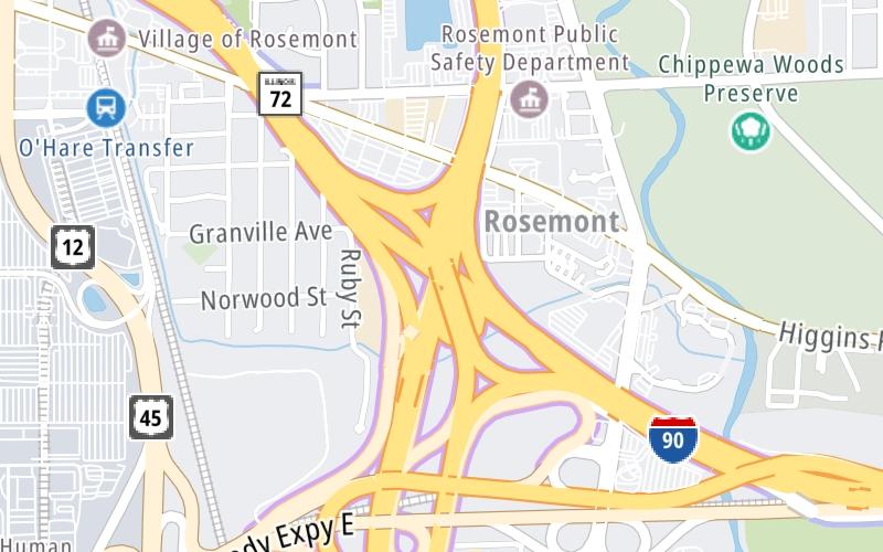 Static map of Tri State Tollway at I–90/Jane Addams Memorial Tollway