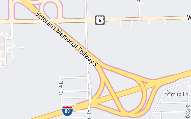 Static map of Veterans Memorial Tollway at I–80