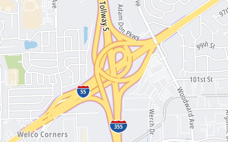 Static map of Veterans Memorial Tollway at Interstate 55 / Joliet Road / Route 66