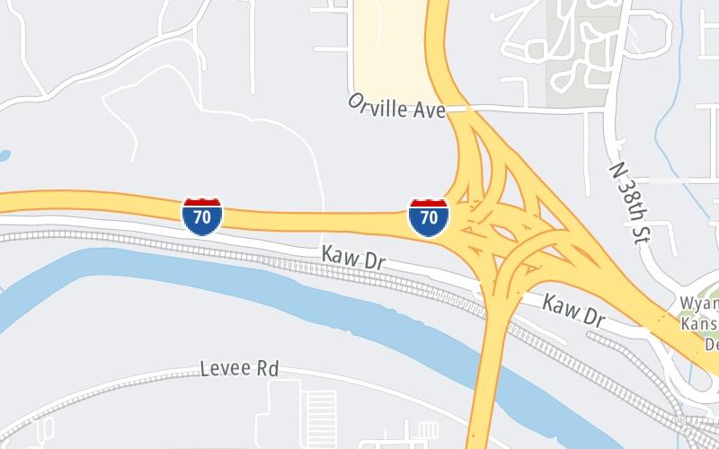 Static map of Kansas Turnpike at I-70 EB to I-635 S/I-635 N