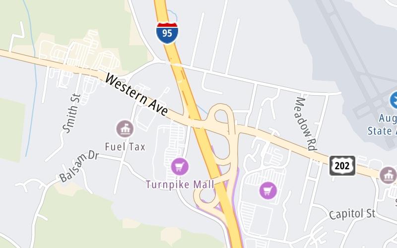 Static map of Maine Turnpike at US 202/ME 100 / Augusta State Airport