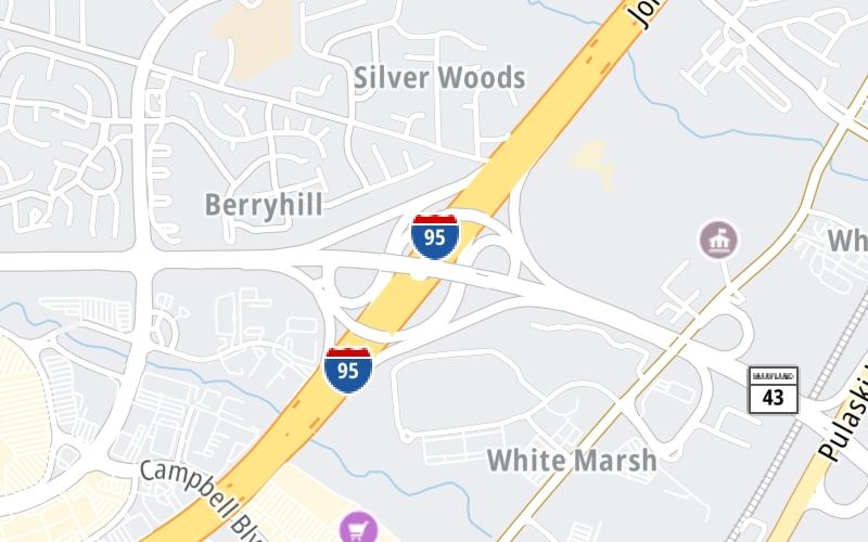 Static map of John F Kennedy Memorial Highway at MD 43 / White Marsh Blvd