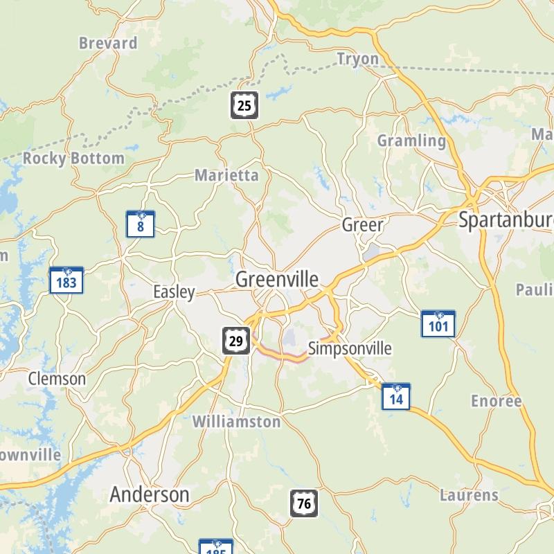 Static map of the Greenville - Spartanburg area.