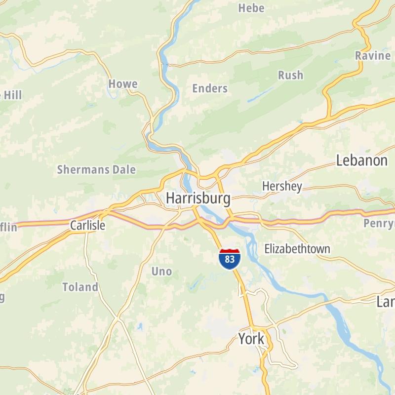 Static map of the Harrisburg - State Capital area.