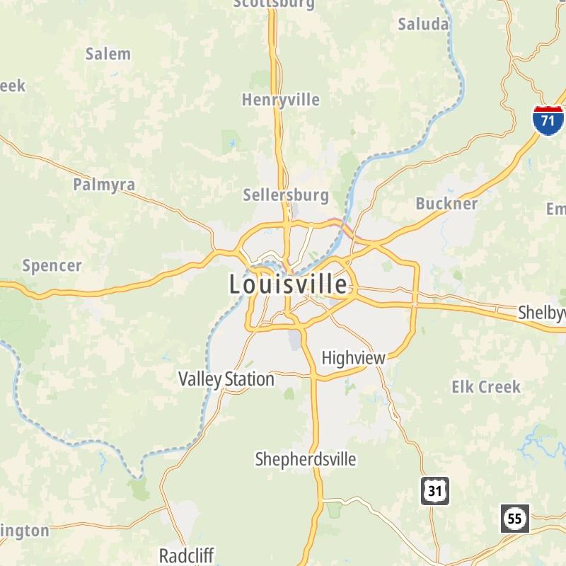 Static map of the Louisville - Southern Indiana area.