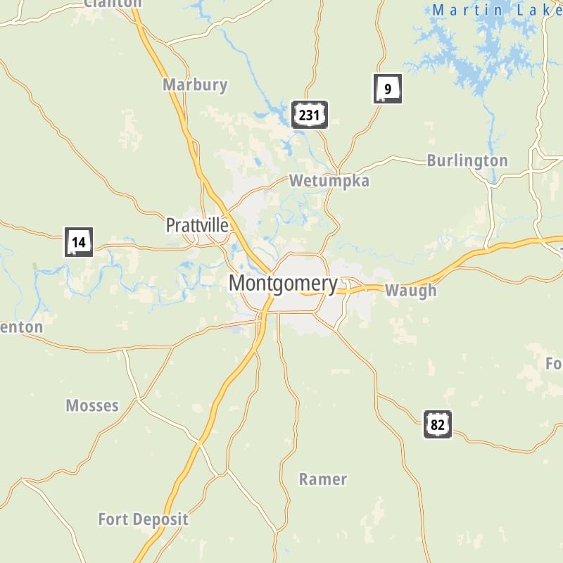 Static map of the Montgomery - South Alabama area.