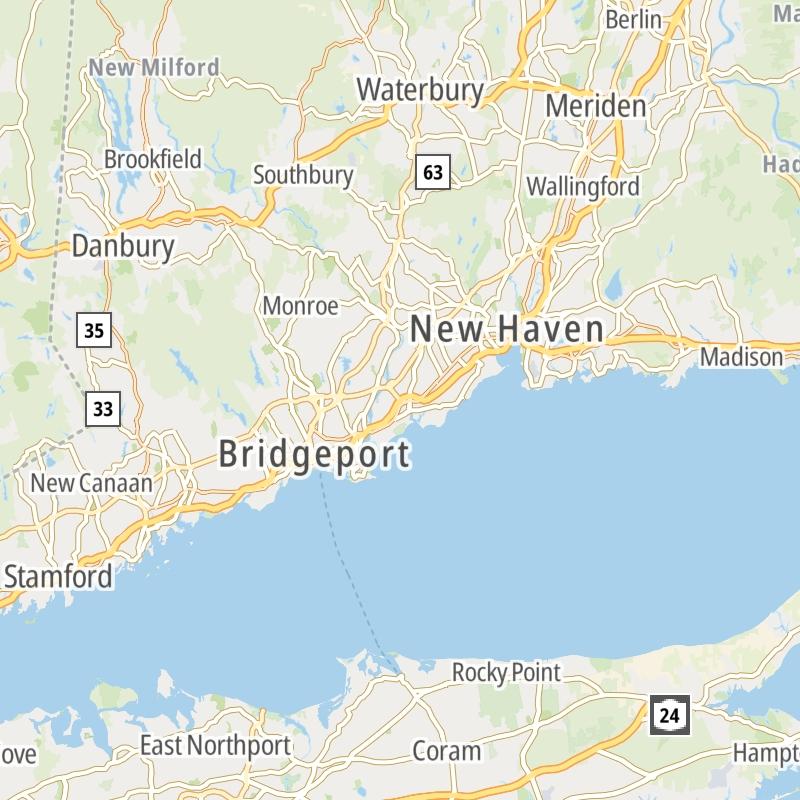 Static map of the New Haven - Bridgeport area.