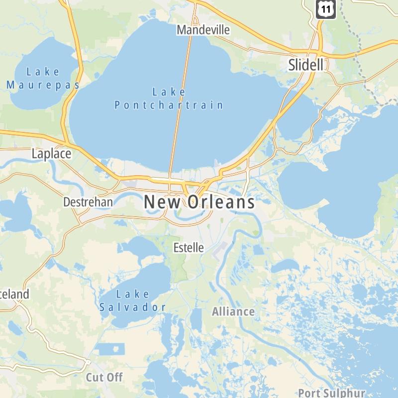 Static map of the New Orleans - Mississippi Gulf area.