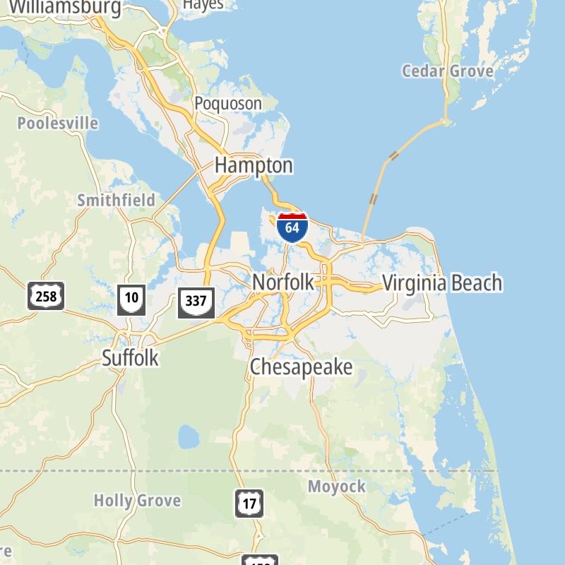 Static map of the Norfolk - Chesapeake area.