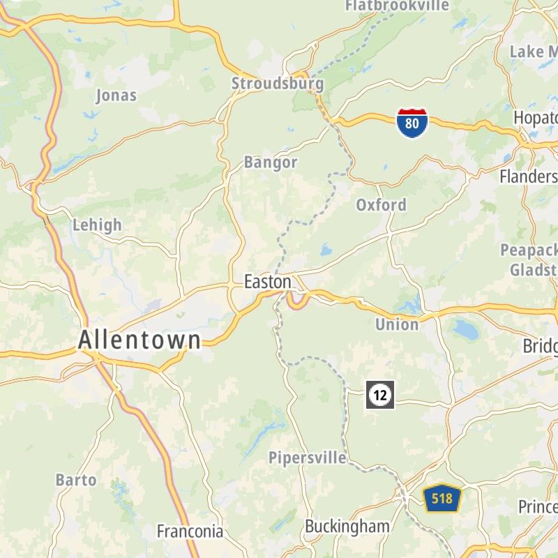 Static map of the Northwestern New Jersey - Allentown area.