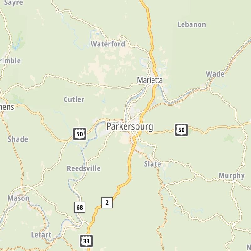 Static map of the Parkersburg - Southeast Ohio area.