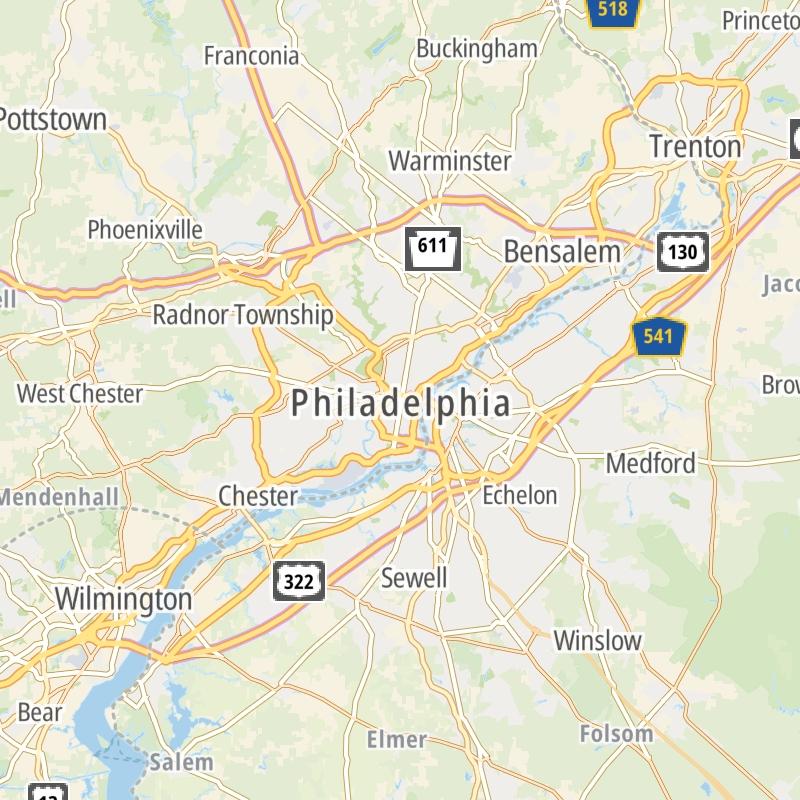 Static map of the Philadelphia - Wilmington - South Jersey area.