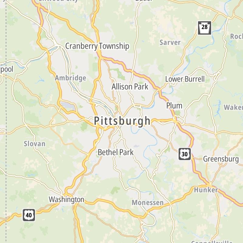 Static map of the Pittsburgh - Western Pennsylvania area.