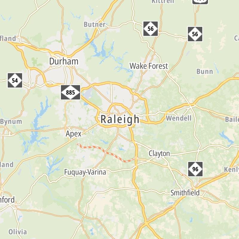 Static map of the Raleigh - Durham area.