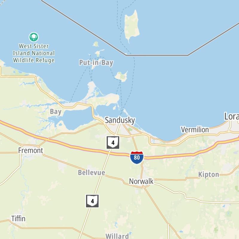 Static map of the Sandusky - Sandusky Bay area.