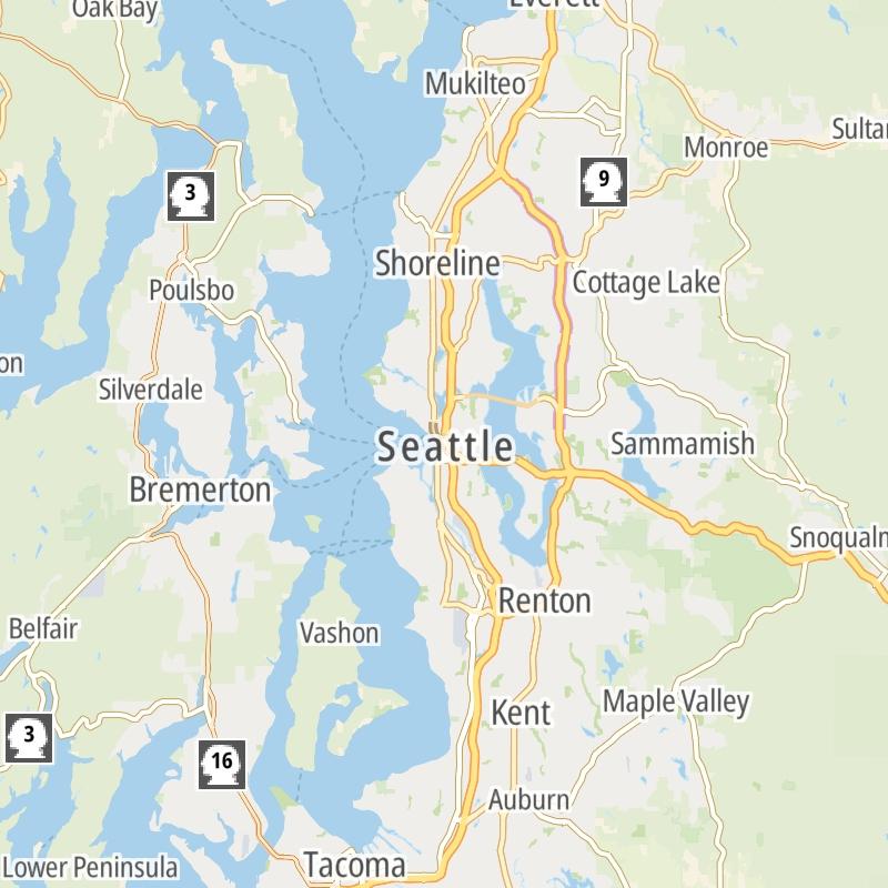 Static map of the Seattle - Tacoma area.