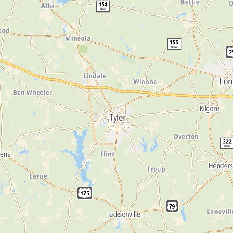 Static map of the Tyler - Longview area.