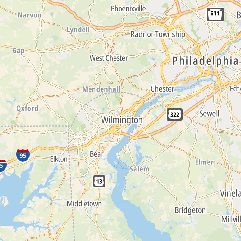 Static map of the Wilmington - Newark area.