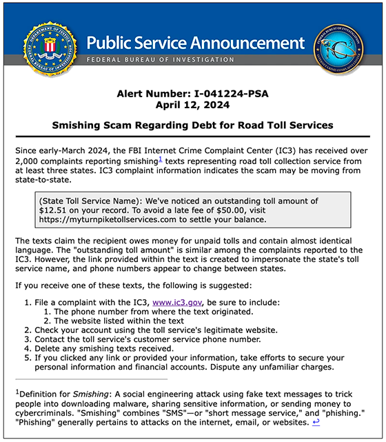 FBI and IC3 Warning About Toll Scams